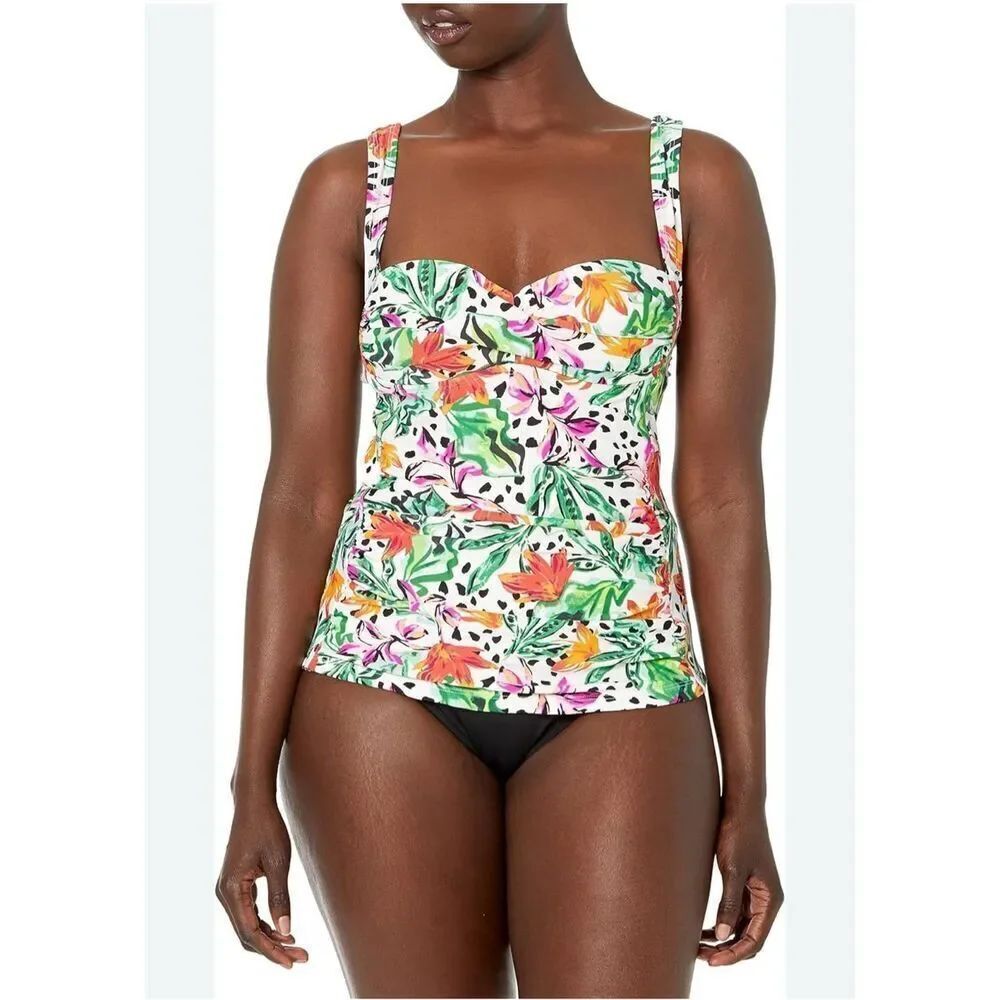 CARIBBEAN JOE Swim/Bathing Suit TANKINI SET White Floral Black Size L